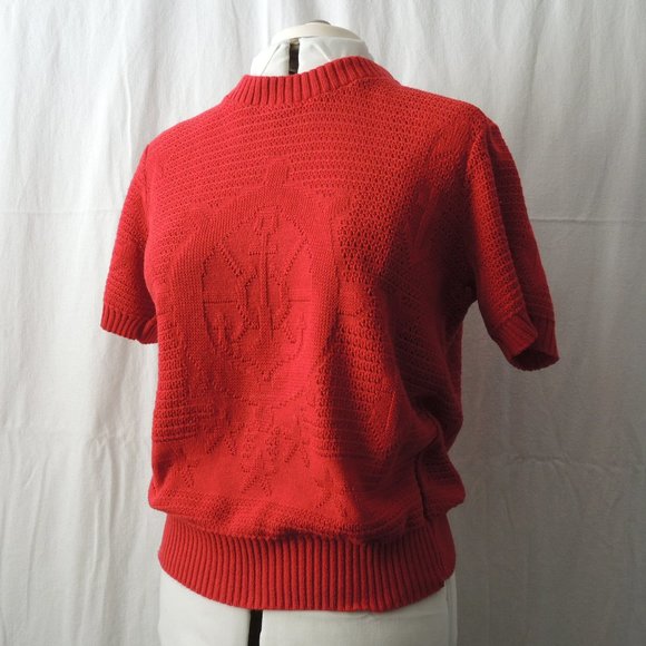 4/$25 Vintage Red Short Sleeve Crew Neck Sweater Nautical Ship Wheel & Anchor - Picture 7 of 7